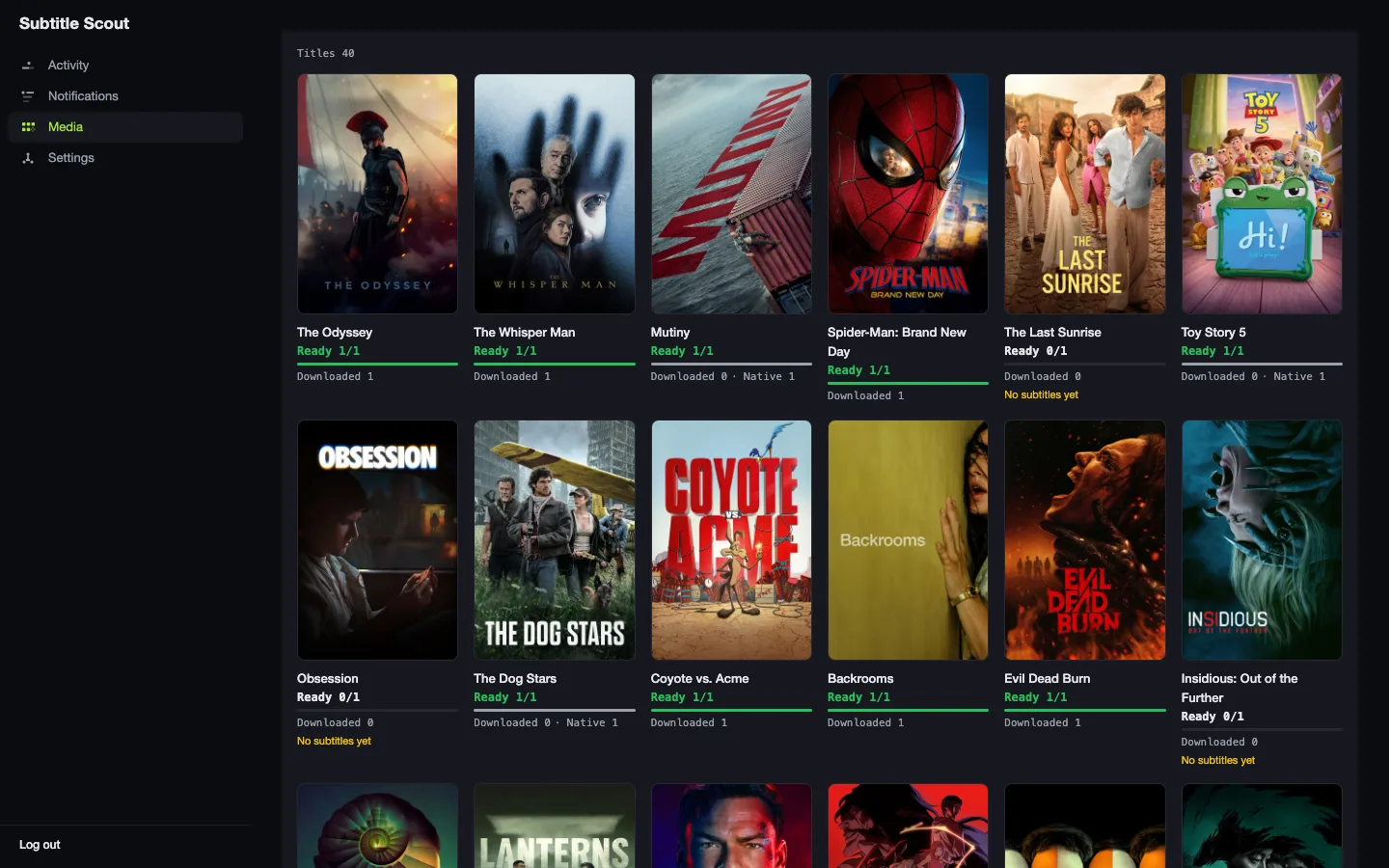 Subtitle Scout media library: a dense wall of poster art with a subtitle status bar and download counts under each title
